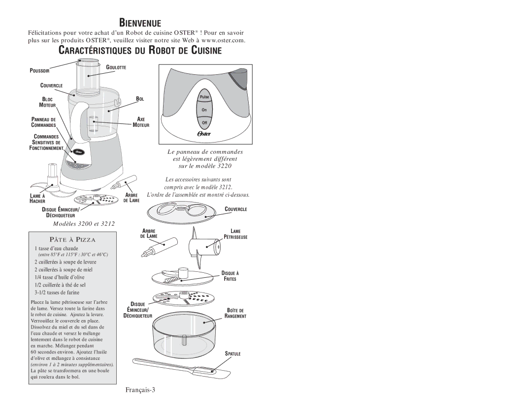 Oster 3200 user manual Bienvenue Caractéristiques DU Robot DE Cuisine 