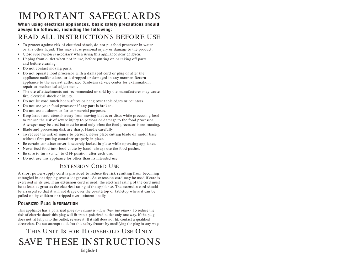 Oster 3200 user manual Important Safeguards, Polarized Plug Information 