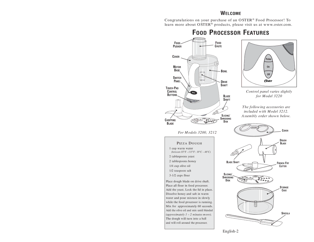 Oster 3200 user manual Food Processor Features 