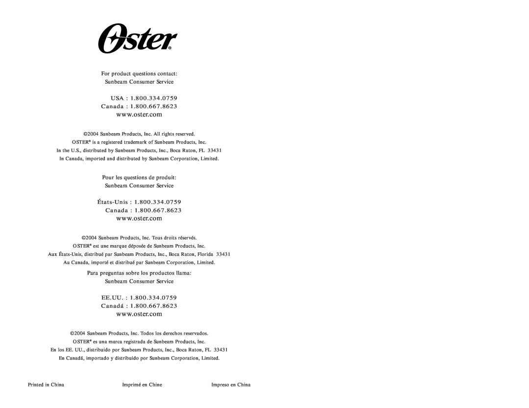 Oster 3200 user manual USA Canada, États-Unis 1.800.334.0759 Canada, EE.UU. Canadá 