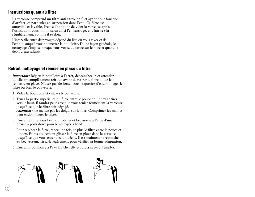 Oster 3203-33 instruction manual Instructions quant au filtre, Retrait, nettoyage et remise en place du filtre 