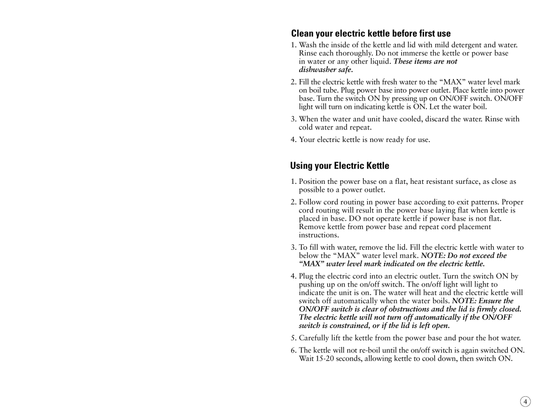 Oster 3203-33 instruction manual Clean your electric kettle before first use, Using your Electric Kettle, Dishwasher safe 