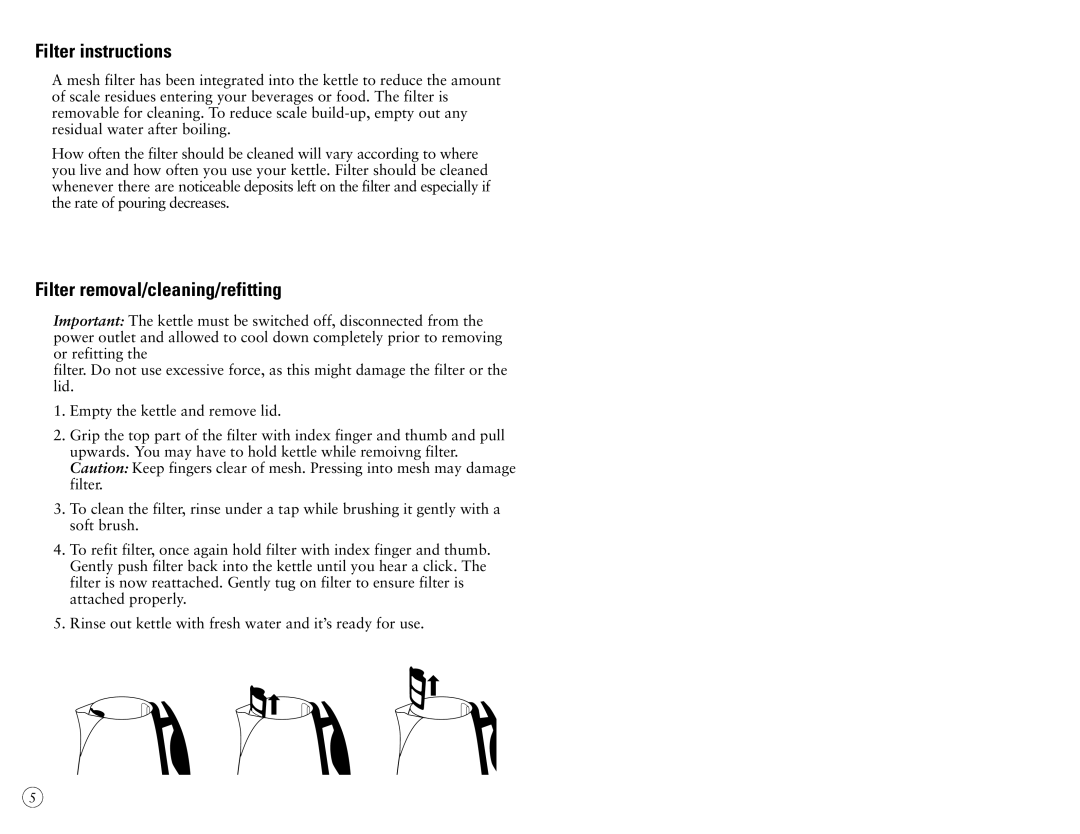 Oster 3203-33 instruction manual Filter instructions, Filter removal/cleaning/refitting 