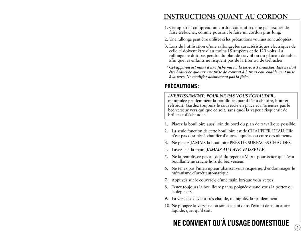 Oster 3203-33 instruction manual Instructions Quant Au Cordon, Précautions, Lavez-laà la main, JAMAIS AU LAVE-VAISSELLE 