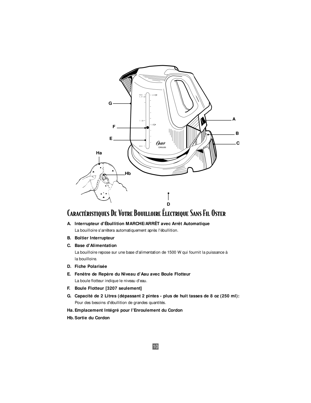 Oster 3207 instruction manual Boîtier Interrupteur Base dAlimentation 