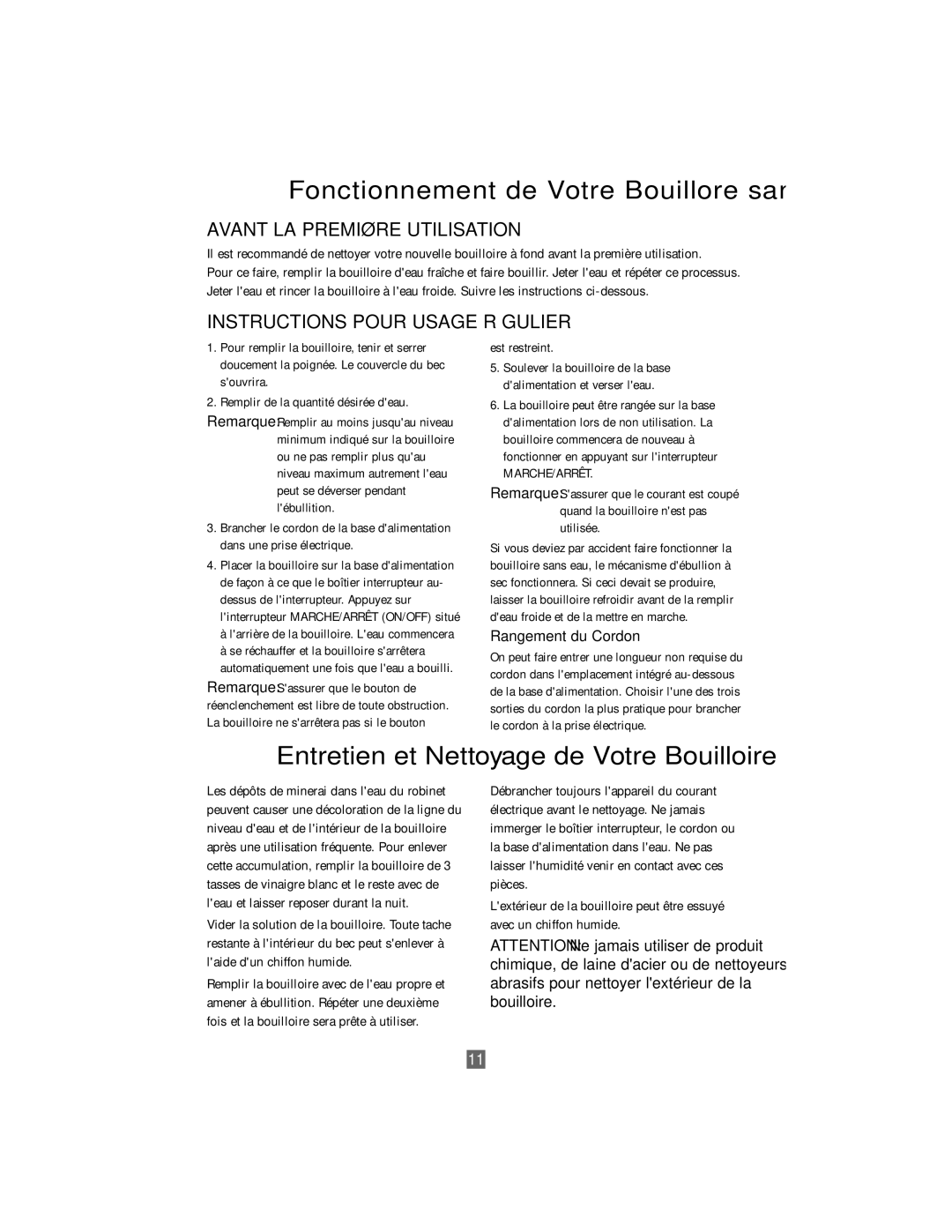 Oster 3207 Fonctionnement de Votre Bouillore sans Fil, Entretien et Nettoyage de Votre Bouilloire Sans Fil 