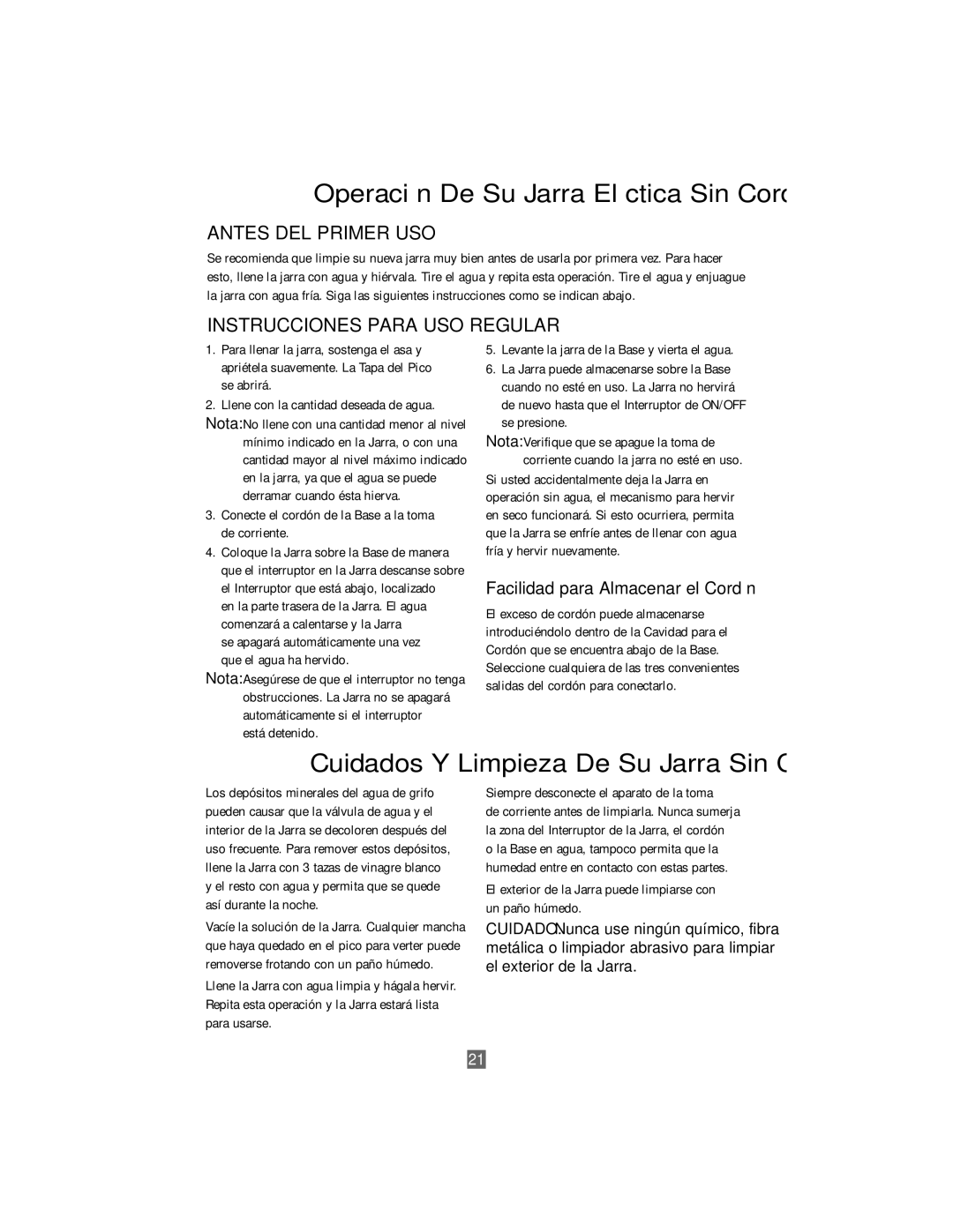 Oster 3207 Operaci-n De Su Jarra ElŽctica Sin Cord-n, Cuidados Y Limpieza De Su Jarra Sin Cord-n, Antes DEL Primer USO 