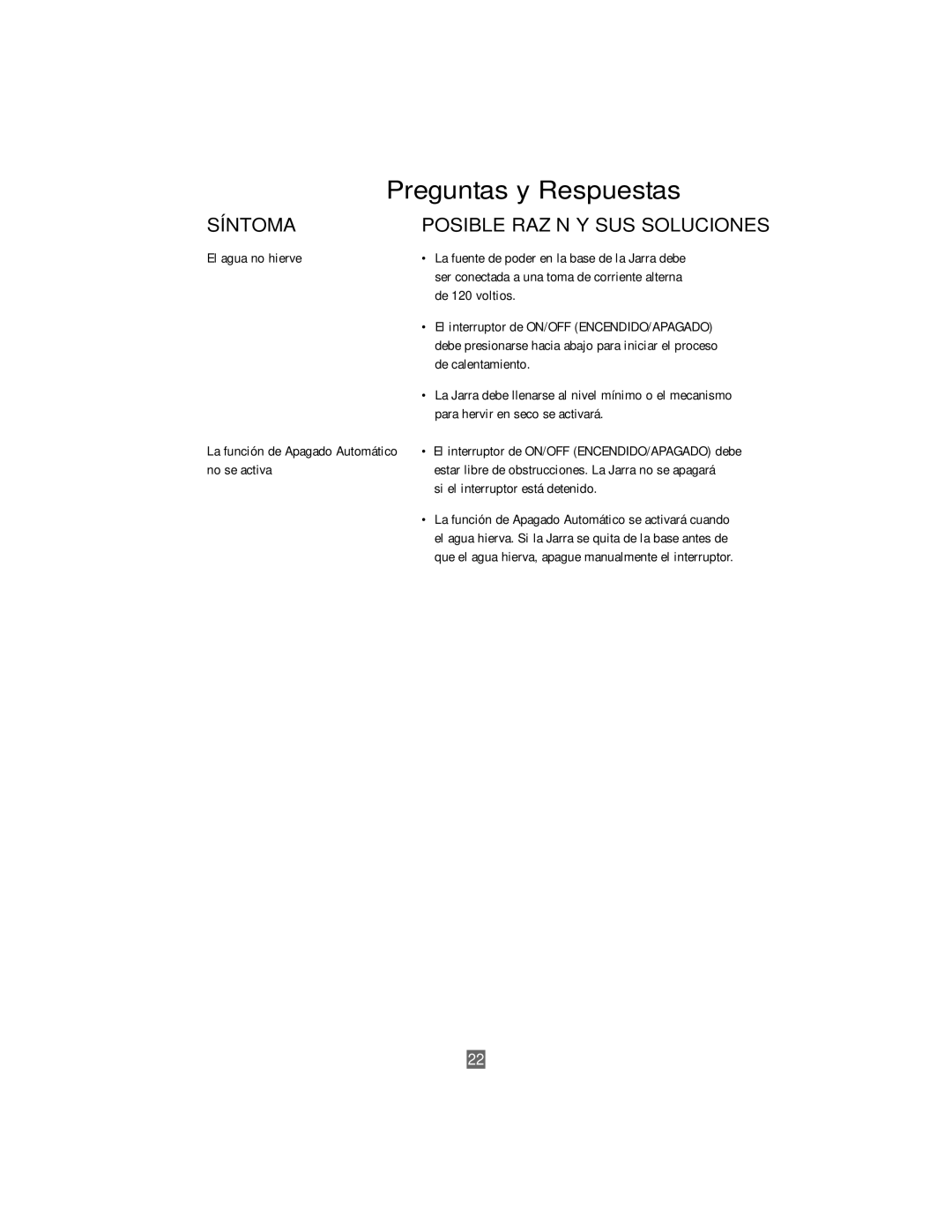 Oster 3207 instruction manual Preguntas y Respuestas, Síntoma, Si el interruptor está detenido 