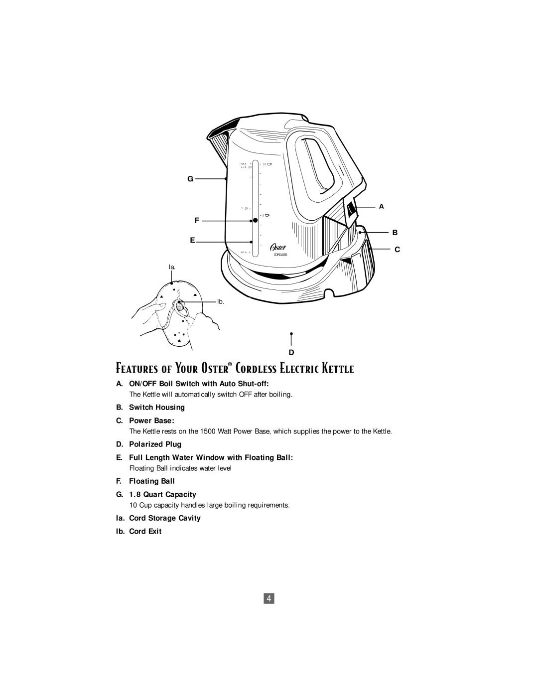 Oster 3207 instruction manual Features of Your Oster¨ Cordless Electric Kettle 