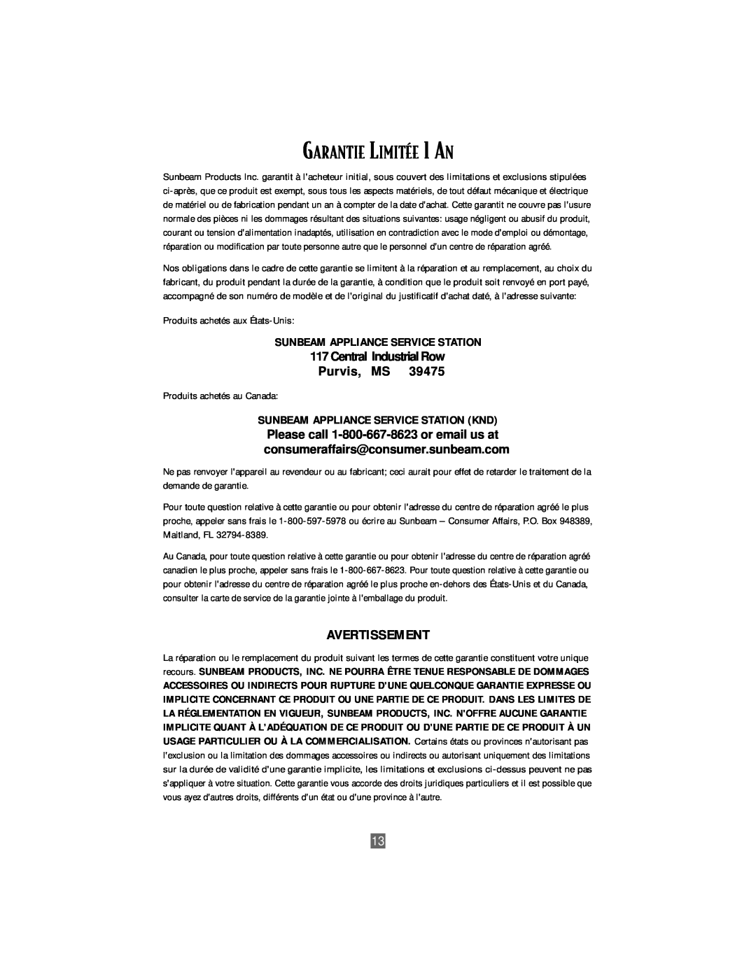 Oster 3207 instruction manual GARANTIE LIMITƒE 1 AN, Avertissement, Central Industrial Row Purvis, MS 