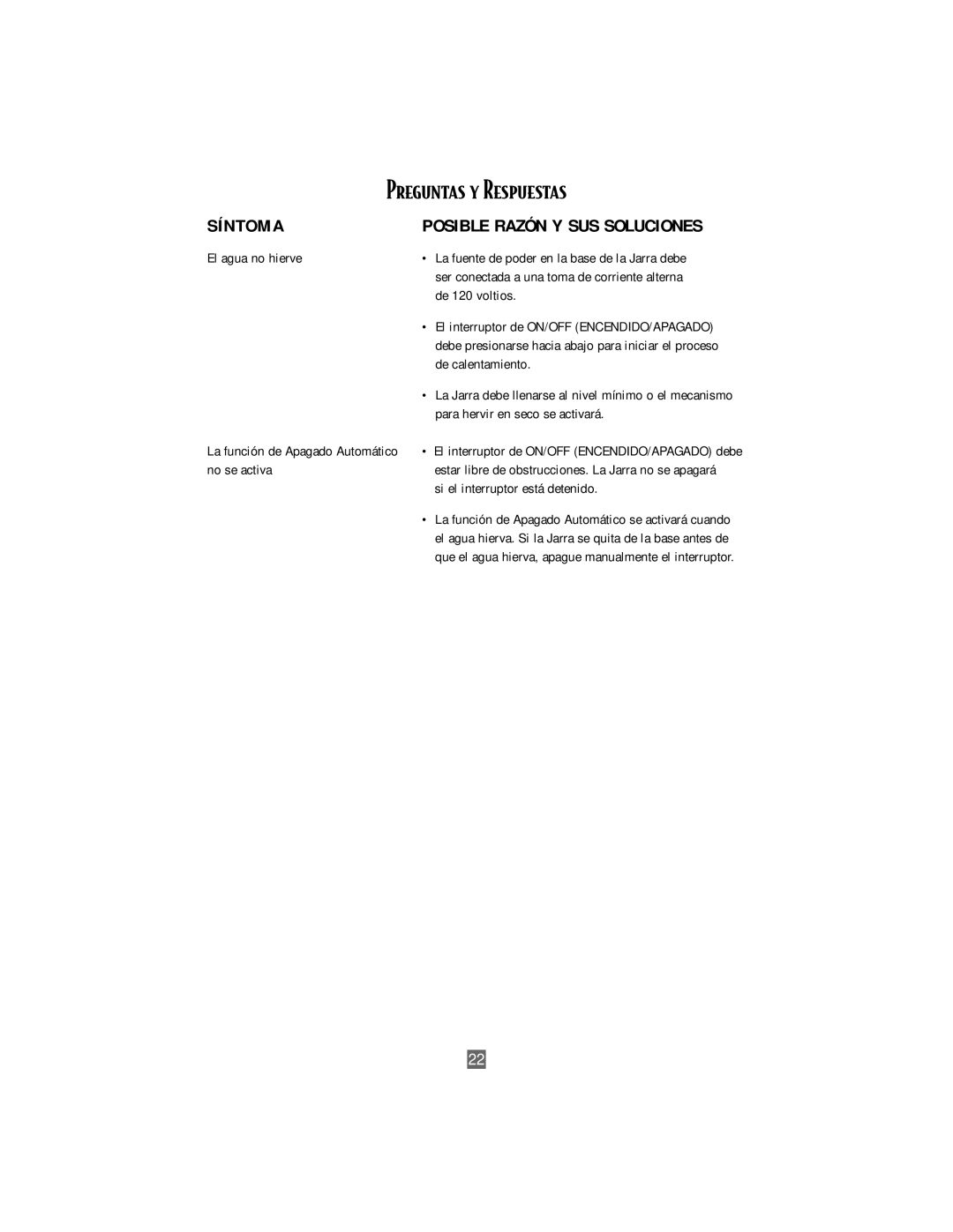 Oster 3207 instruction manual Preguntas y Respuestas, Síntoma 