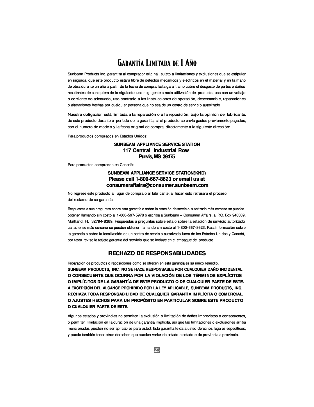 Oster 3207 instruction manual GARANTêA LIMITADA DE 1 A„O, Rechazo De Responsabilidades, Central Industrial Row Purvis,MS 