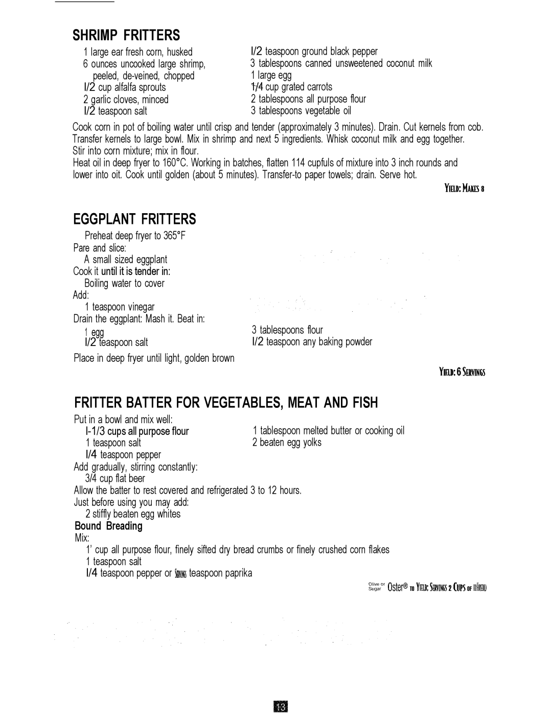 Oster 3246 manual Shrimp Fritters, Eggplant Fritters, Fritter Batter for VEGETABLES, Meat and Fish 