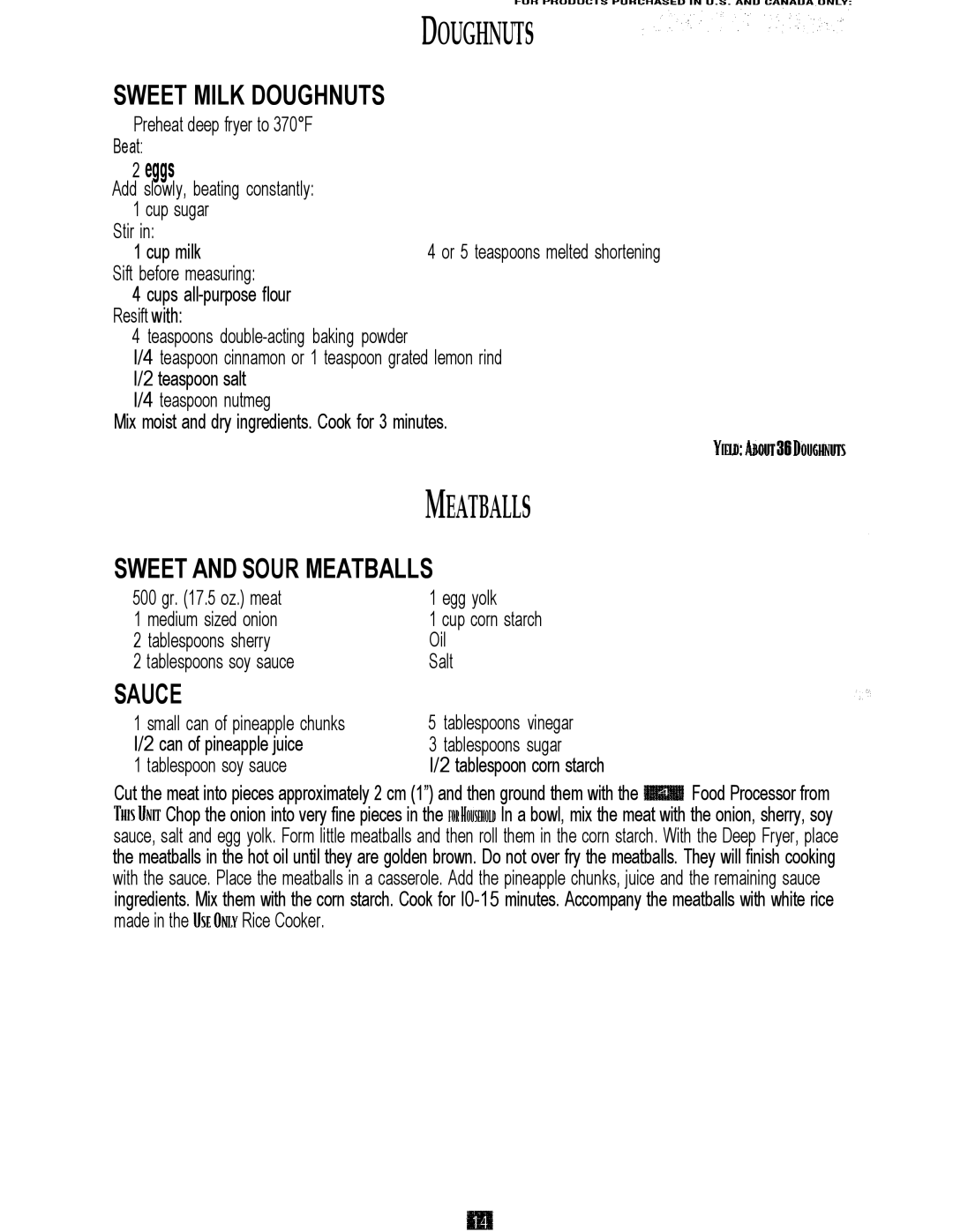 Oster 3246 manual Sweet Milk Doughnuts, Sauce, Sweet and Sour Meatballs 