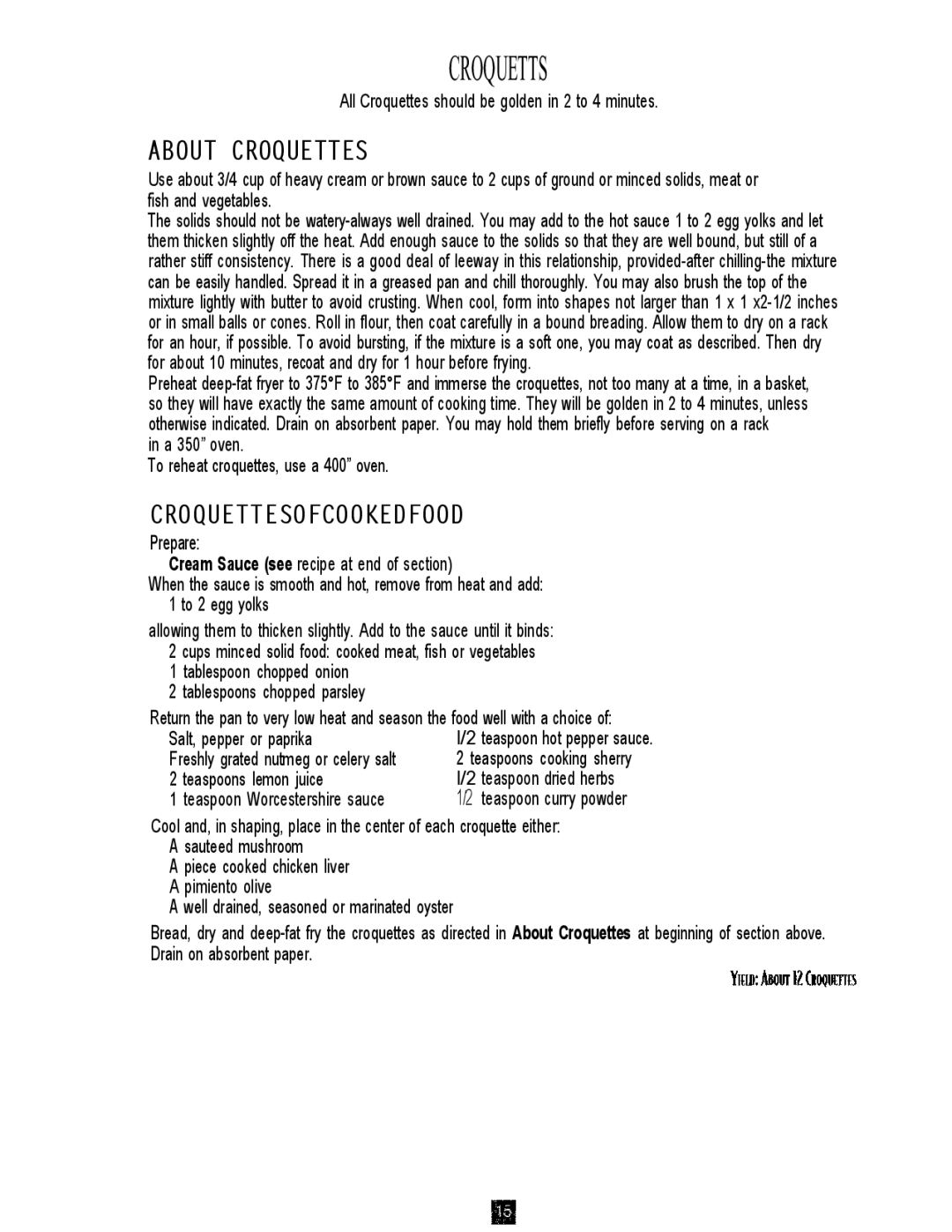 Oster 3246 manual All Croquettes should be golden in 2 to 4 minutes, A 350 oven To reheat croquettes, use a 400 oven 