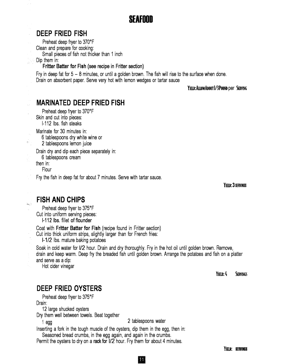 Oster 3246 manual Deep Fried Fish, MARlNATED DEEP FRIED FISH, Fish And Chips, Deep Fried Oysters, Seafood 