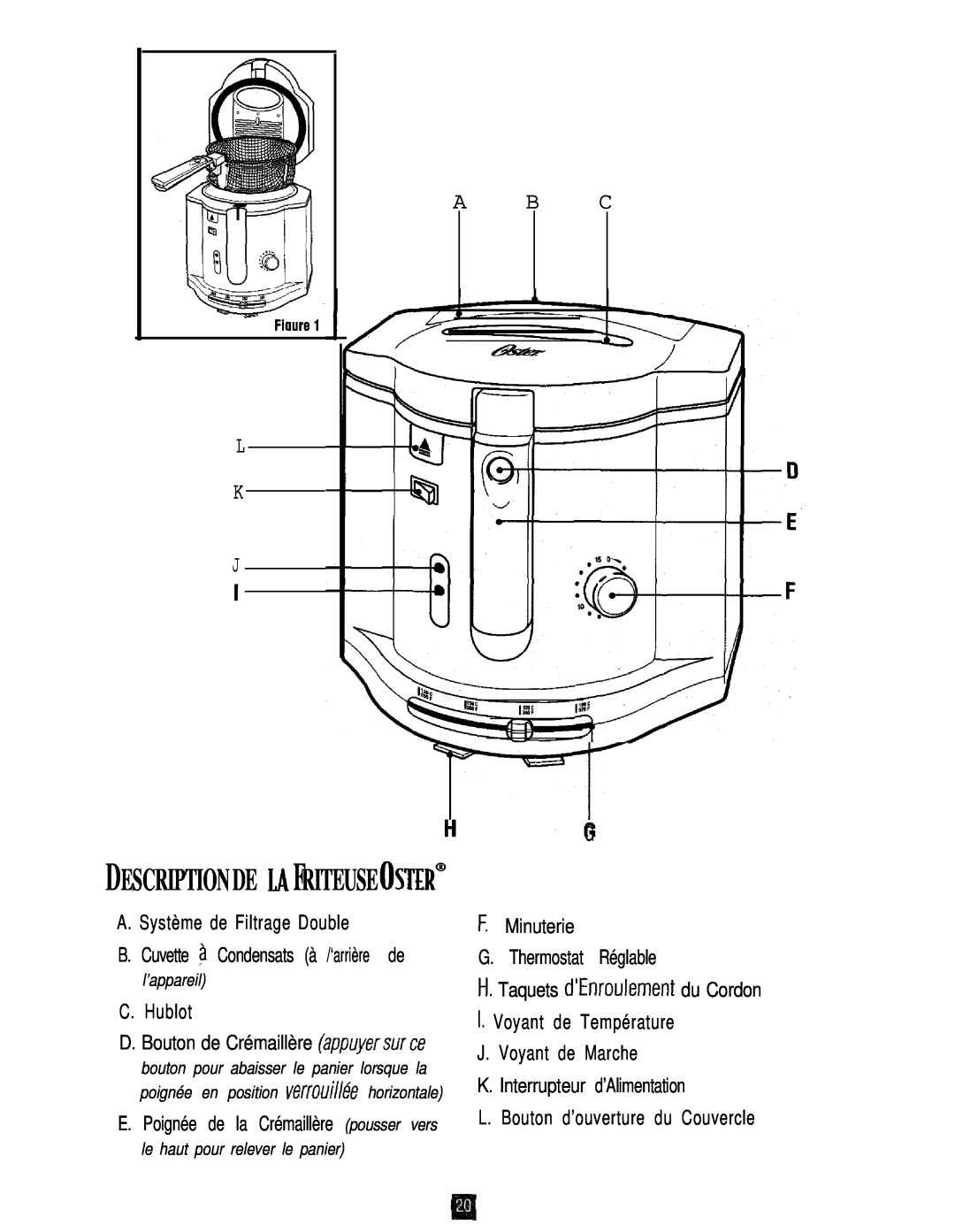 Oster 3246 manual A. Système de Filtrage Double, C. Hublot, F. Minuterie G. Thermostat Réglable, L K J, A B C, l’appareil 