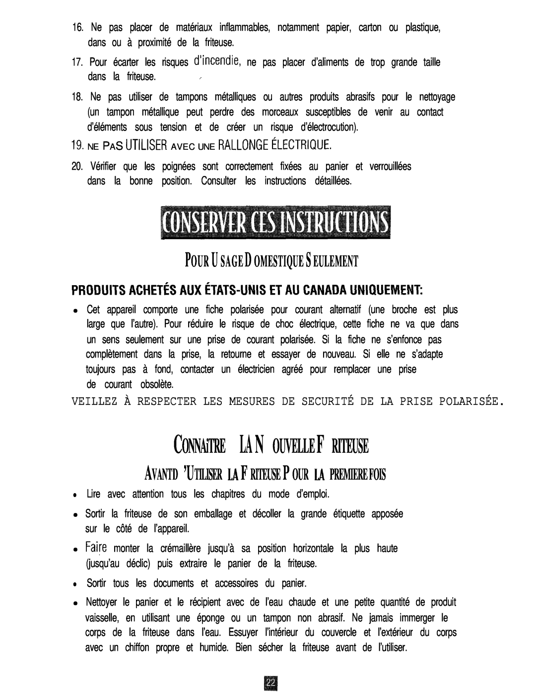 Oster 3246 manual CONNAiTRE LA N OUVELLE F RITEUSE, Pour U S A G E D Omestique S Eulement, de courant obsolète 