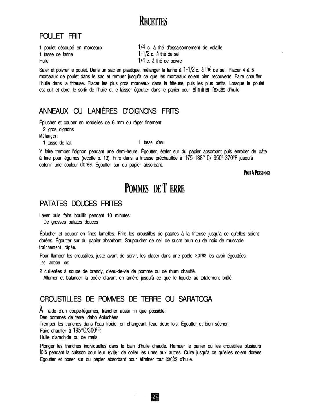 Oster 3246 manual Recettes, Pommes De T Erre, Poulet Frit, Anneaux Ou Lanières D’Oignons Frits, Patates Douces Frites 