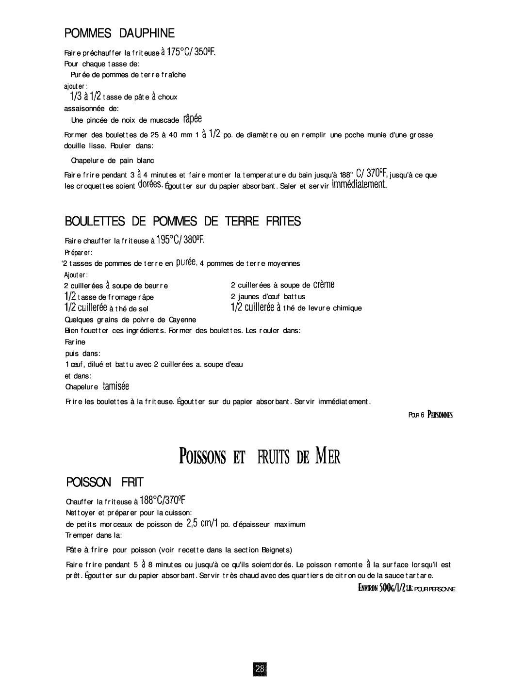 Oster 3246 manual Poissons Et Fruits De Mer, Pommes Dauphine, Boulettes De Pommes De Terre Frites, Poisson Frit 