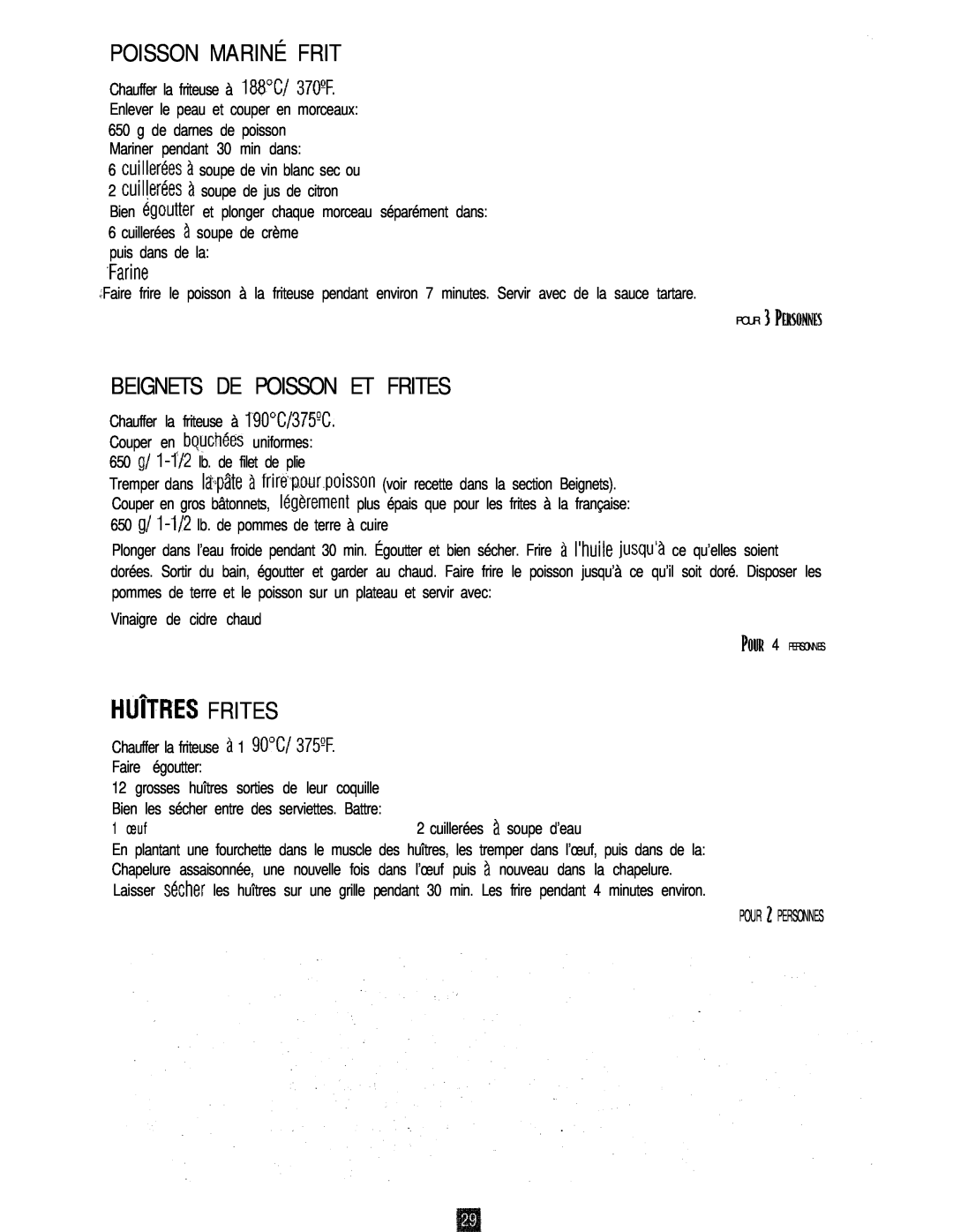 Oster 3246 manual Poisson Mariné Frit, Beignets De Poisson Et Frites, HUîTRES FRITES 