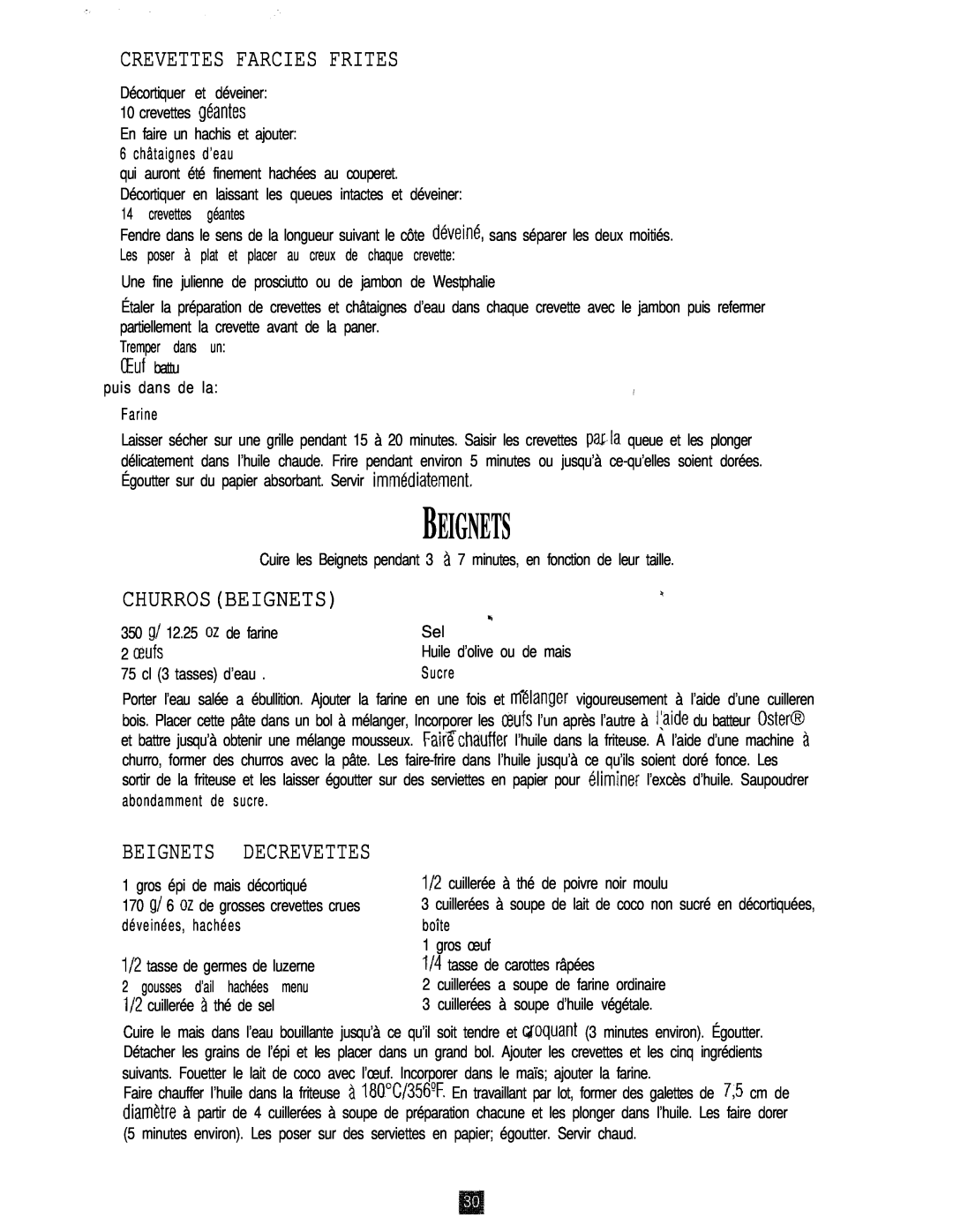 Oster 3246 manual Crevettes Farcies Frites, Churrosbeignets, Beignets Decrevettes 