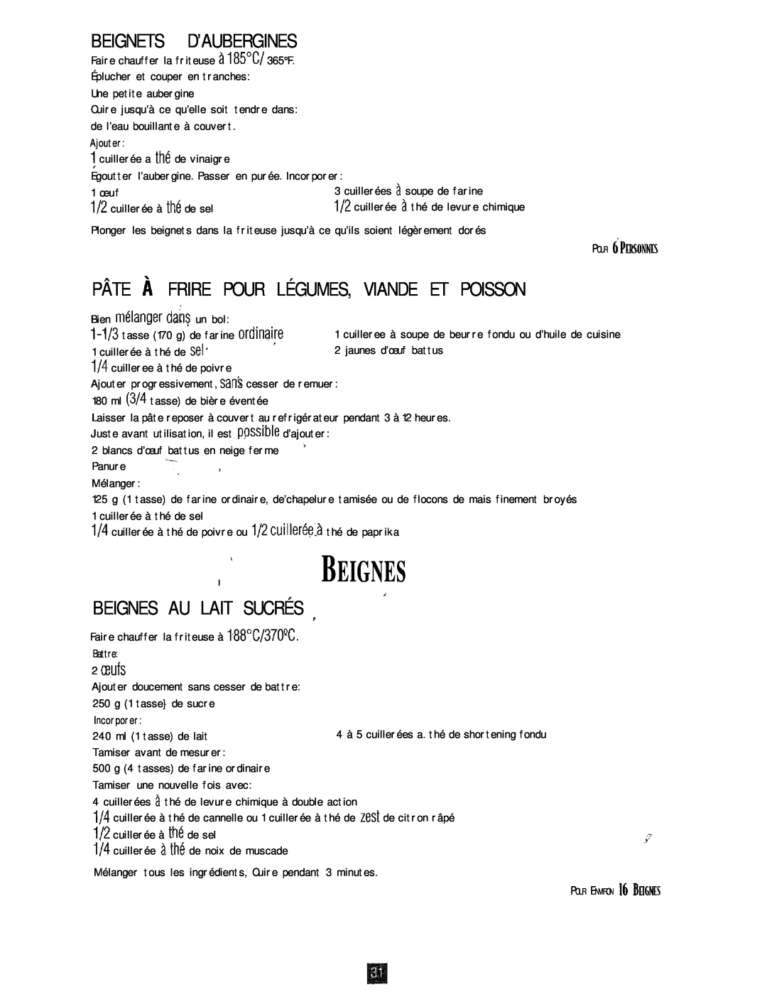 Oster 3246 manual Beignes, Pâte À Frire Pour Légumes, Viande Et Poisson, BEIGNES AU LAIT SUCRÉS r, D’Aubergines, Beignets 