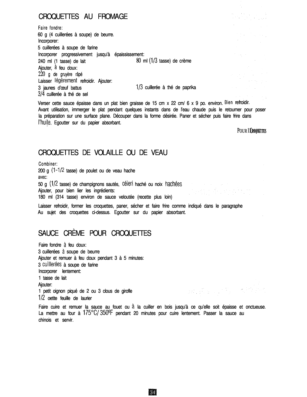Oster 3246 manual Croquettes Au Fromage, Croquettes De Volaille Ou De Veau, Sauce Crème Pour Croquettes 