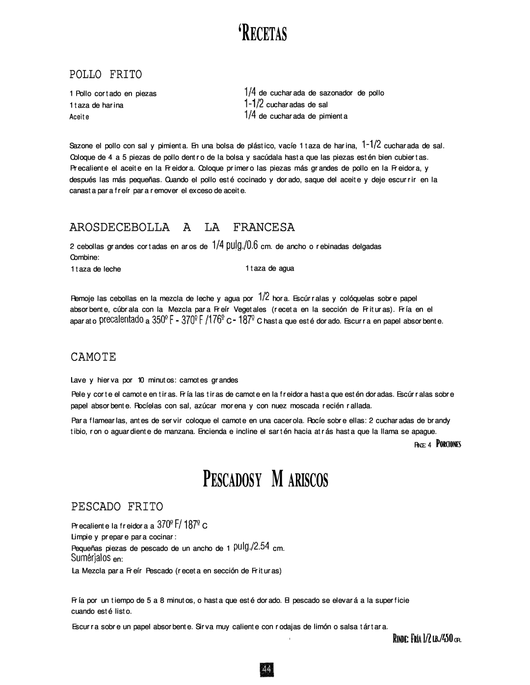 Oster 3246 manual ‘Recetas, Pescados Y M Ariscos, Pollo Frito, Arosdecebolla A La Francesa, Camote, Pescado Frito 