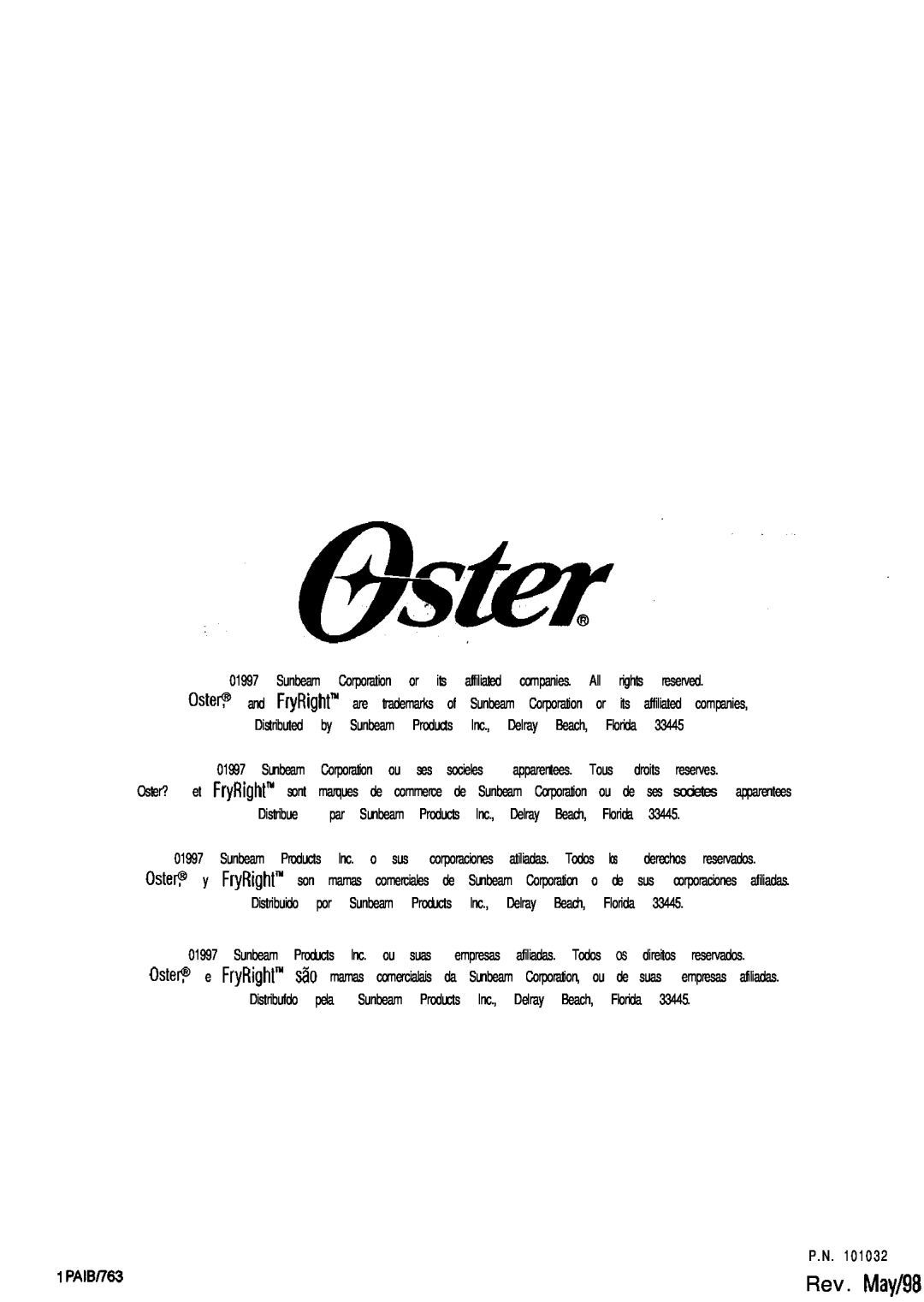 Oster 3246 manual Distributed by Sunbeam Products Inc., Delray Beach, Florida 