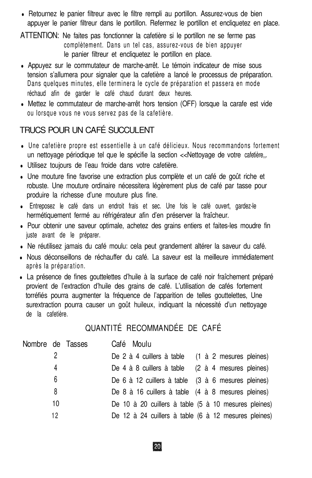 Oster 3265, 3262, 3263, 3264 manual Trucs Pour UN Café Succulent, Quantité Recommandée DE Café, Café Moulu 