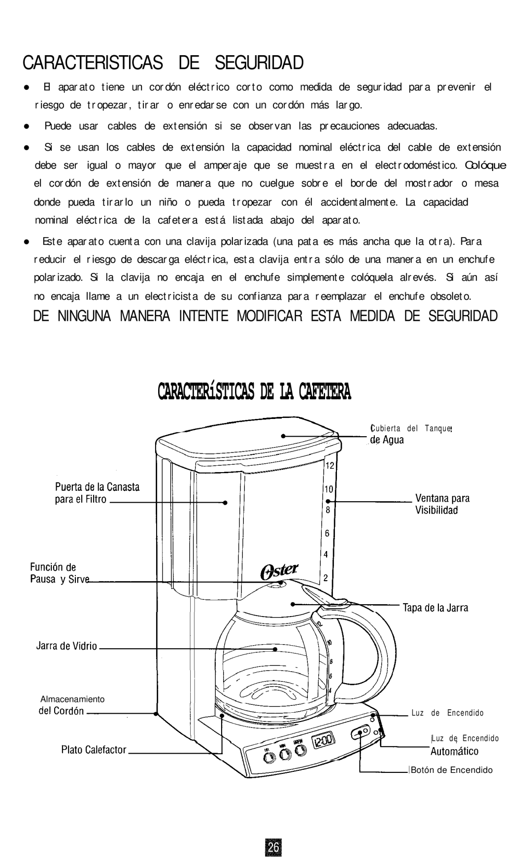 Oster 3264, 3262, 3265, 3263 manual Caracteristicas DE Seguridad 