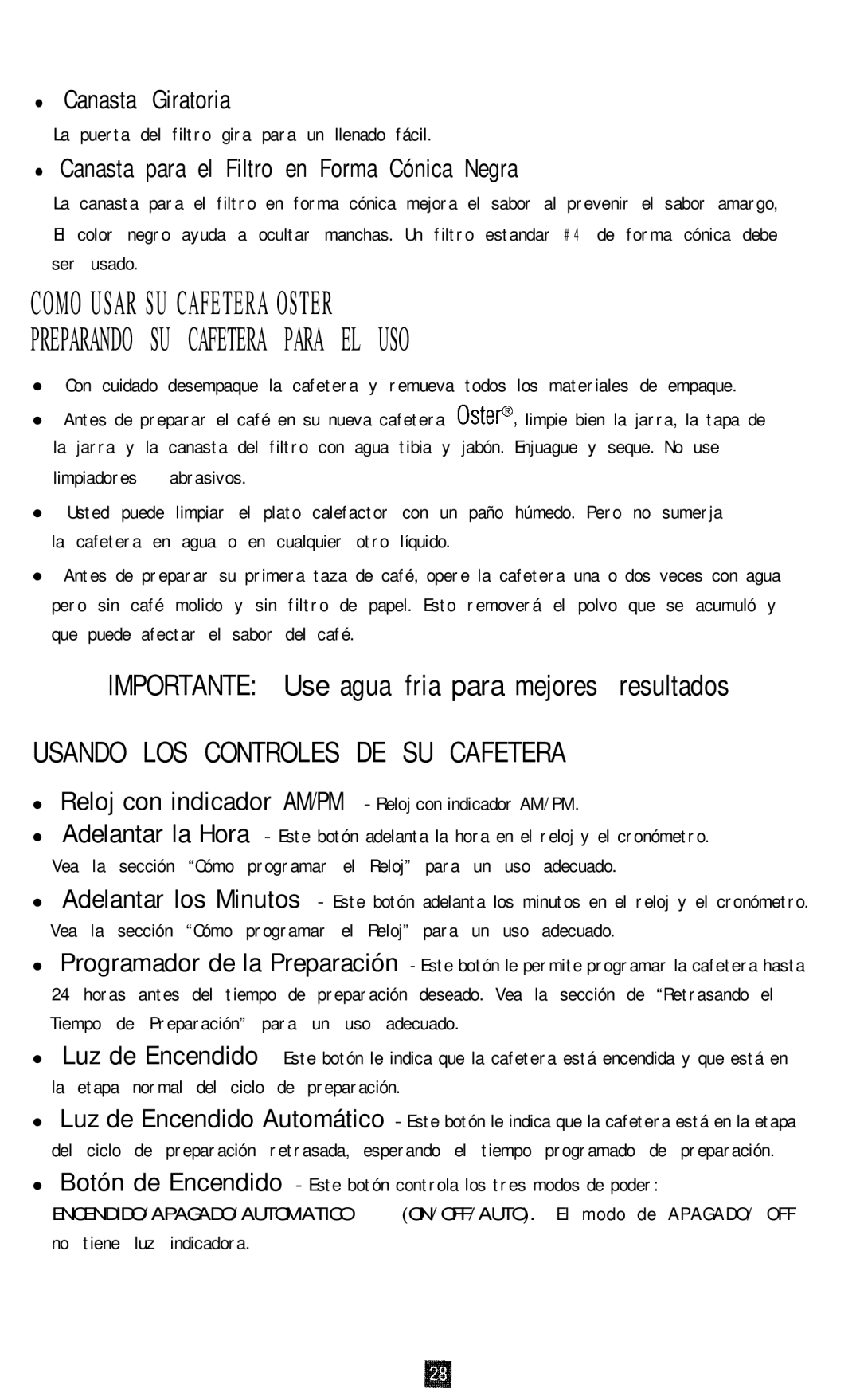 Oster 3265, 3262, 3263, 3264 manual Canasta Giratoria, Canasta para el Filtro en Forma Cónica Negra 