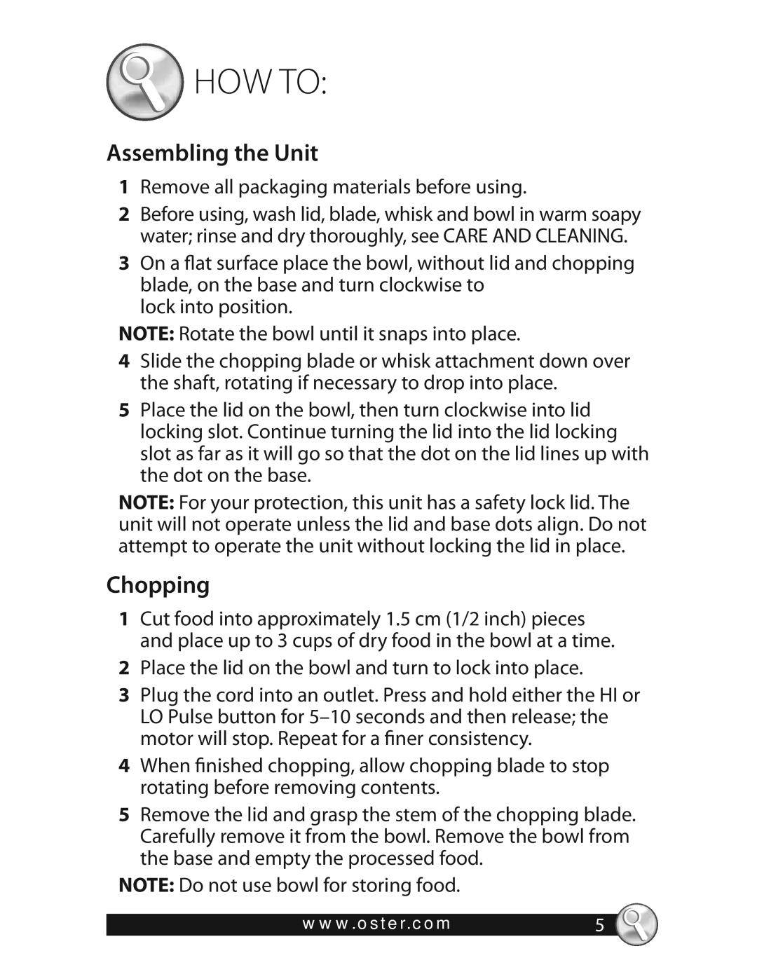 Oster 3320 warranty HOW to, Assembling the Unit, Chopping 