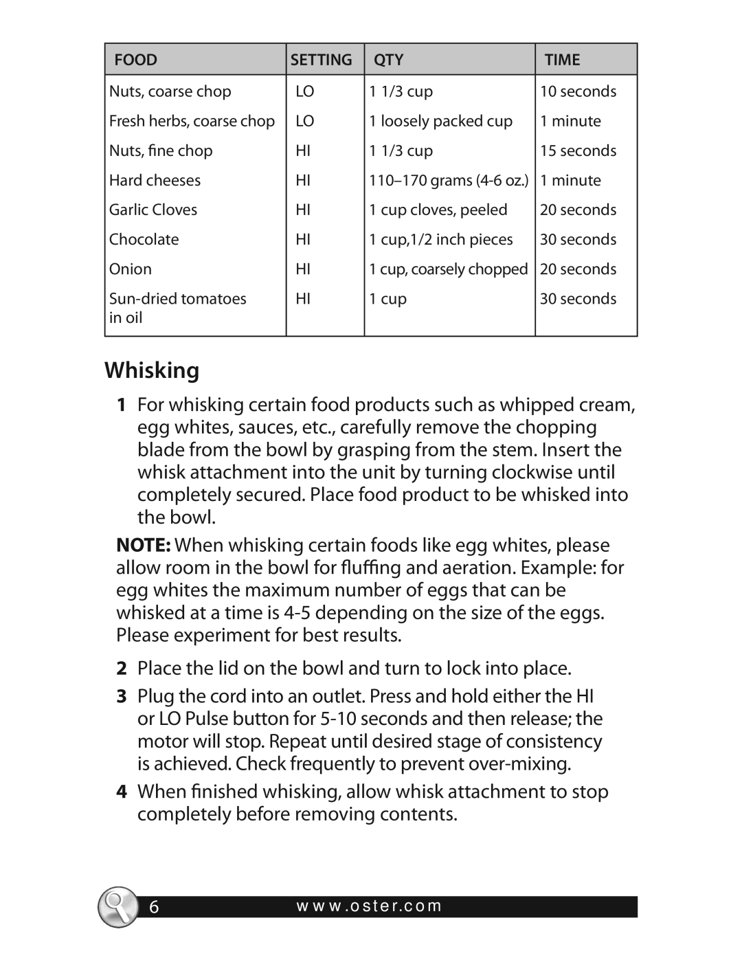 Oster 3320 warranty Whisking, Food Setting QTY Time 