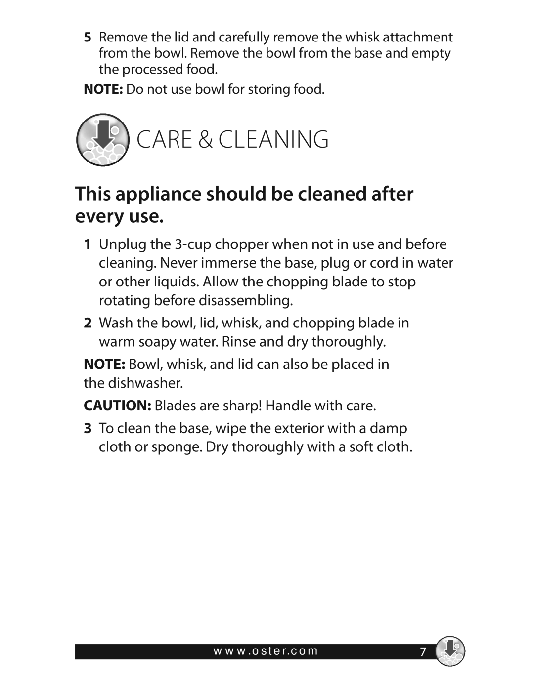 Oster 3320 warranty Care & Cleaning, This appliance should be cleaned after every use 