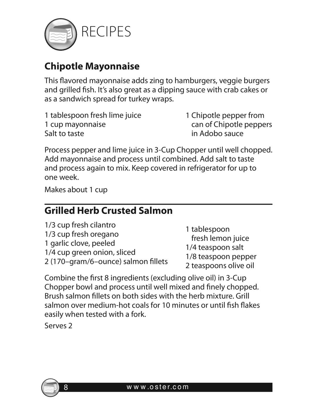 Oster 3320 warranty Recipes, Chipotle Mayonnaise, Grilled Herb Crusted Salmon 