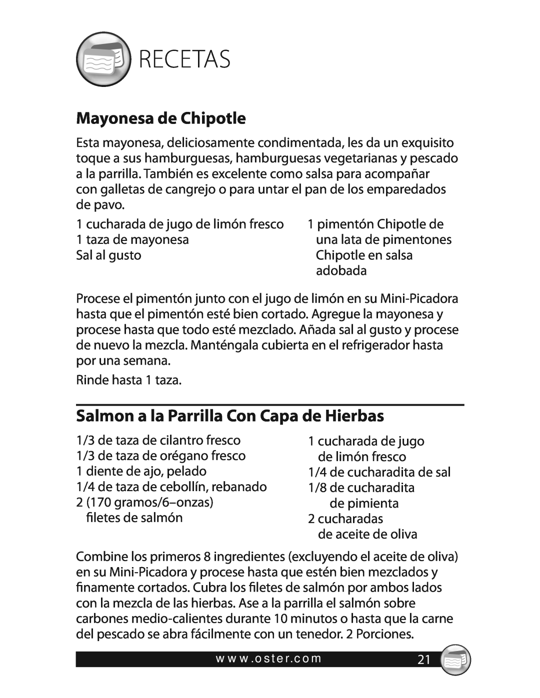 Oster 3320 warranty Recetas, Mayonesa de Chipotle, Salmon a la Parrilla Con Capa de Hierbas 