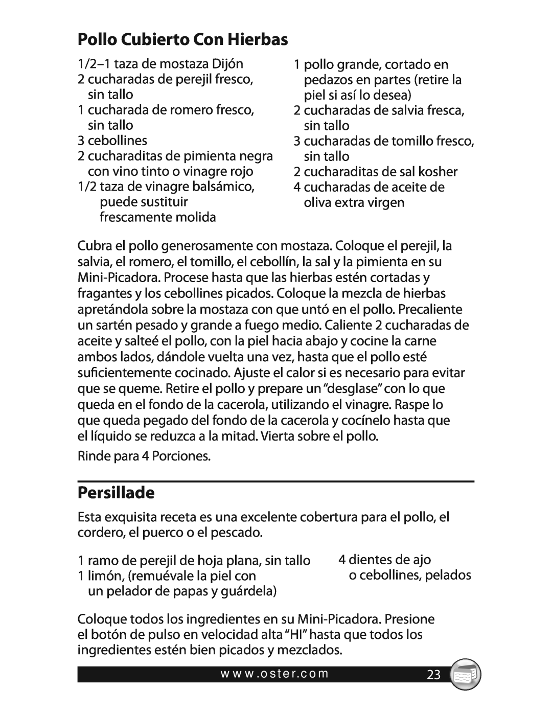 Oster 3320 warranty Pollo Cubierto Con Hierbas, Persillade 