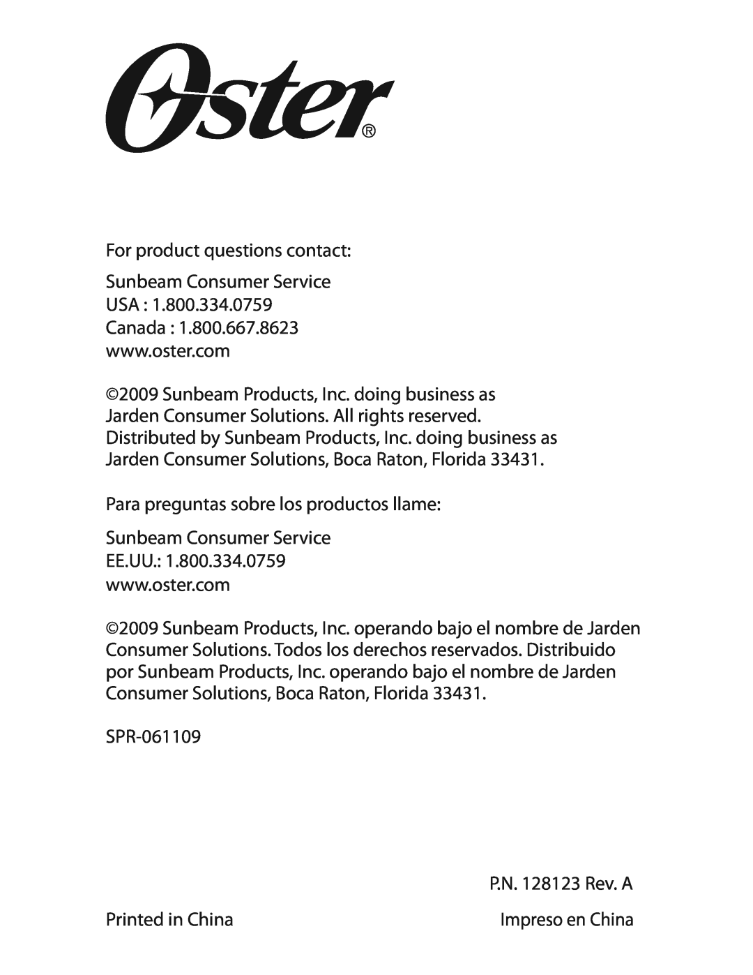 Oster 3320 warranty For product questions contact 