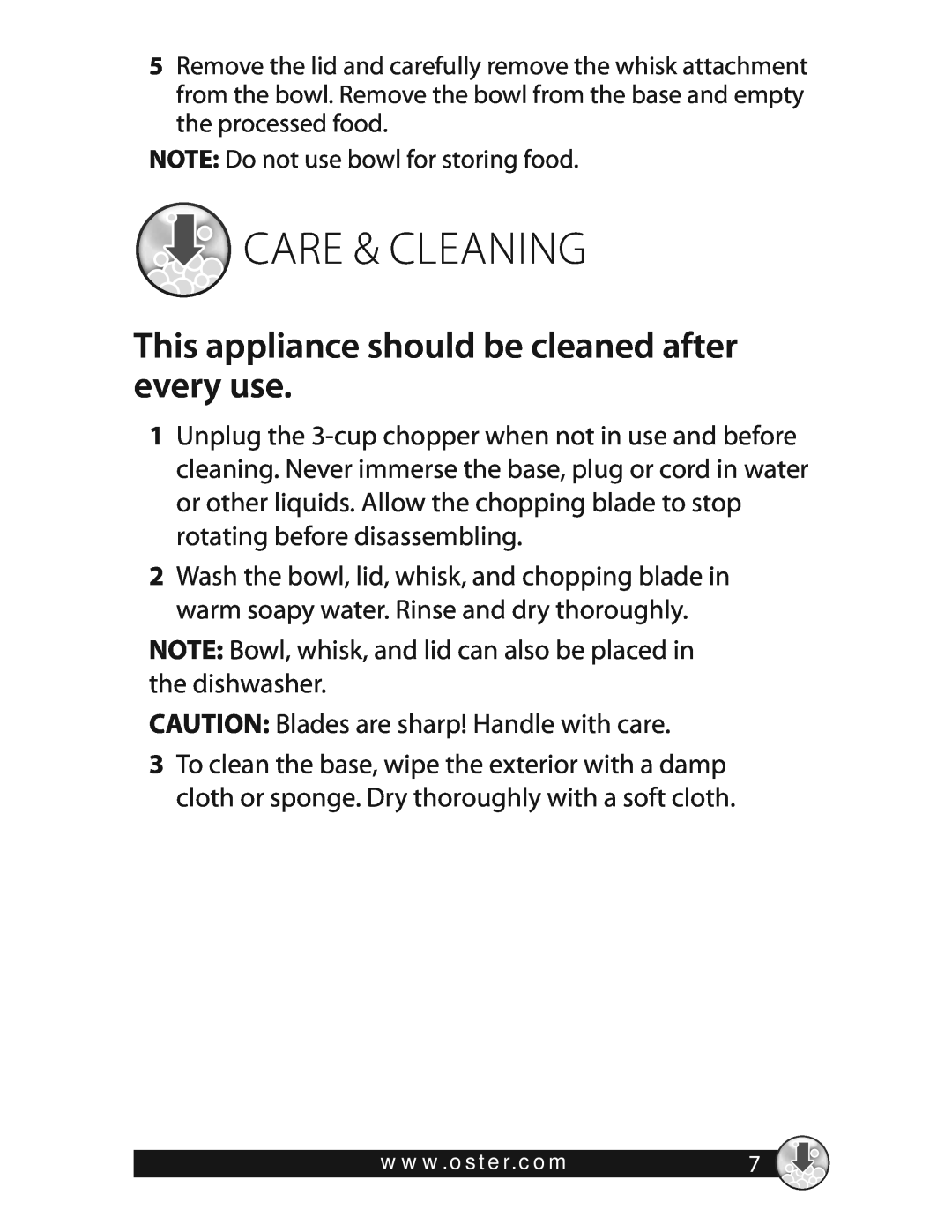 Oster 3320 warranty Care & Cleaning, This appliance should be cleaned after every use 