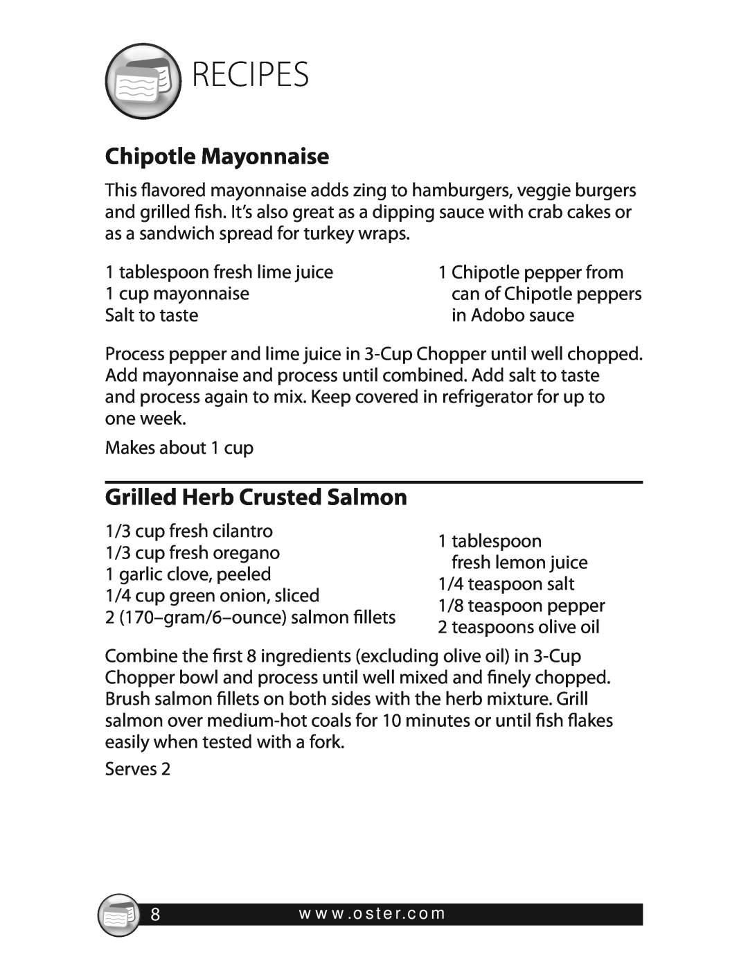 Oster 3320 warranty Recipes, Chipotle Mayonnaise, Grilled Herb Crusted Salmon 