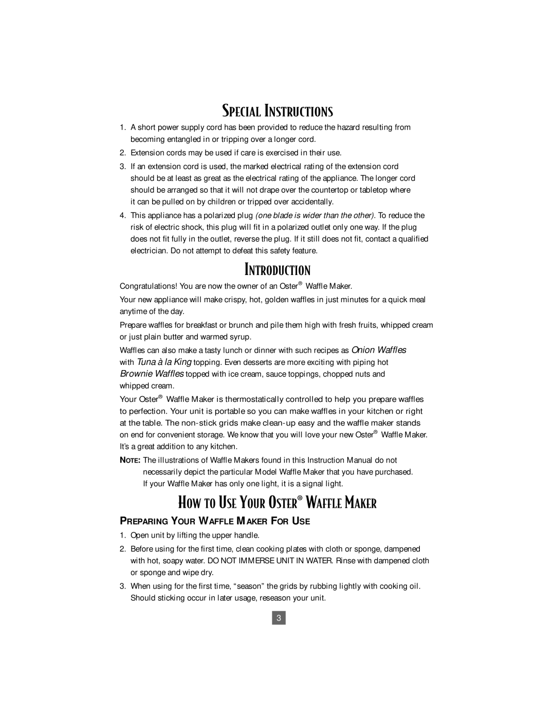 Oster 3877, 3876 instruction manual Special Instructions, Introduction, HOW to USE Your OSTER¨ Waffle Maker 