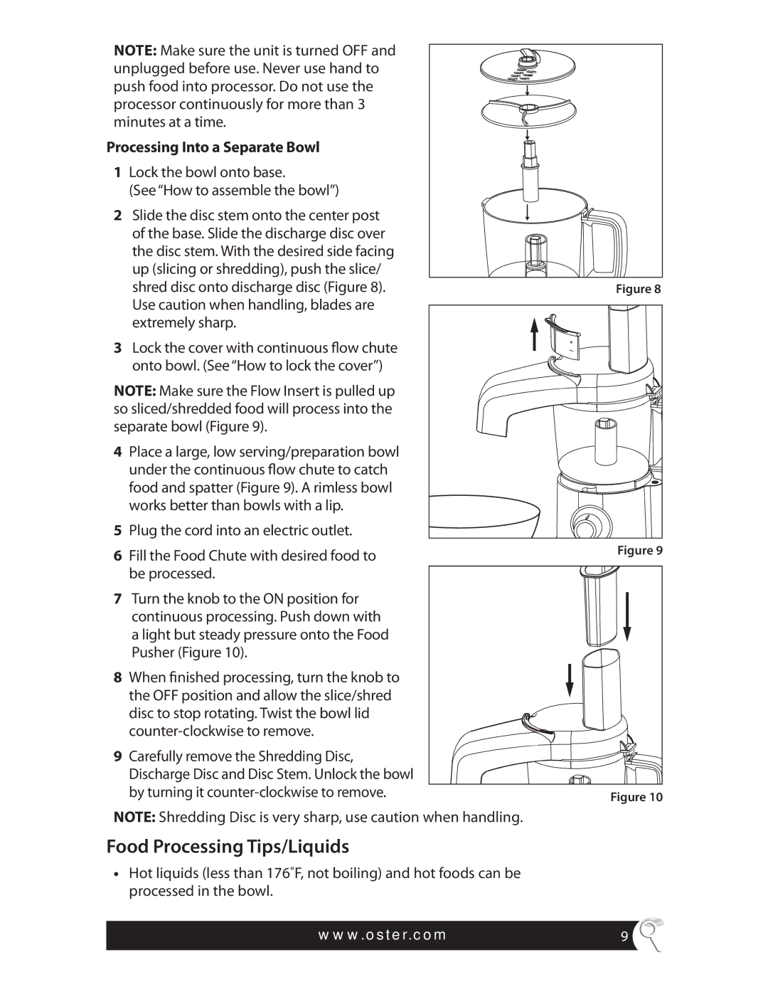 Oster FPSTFP4010, 4 CUP MINI FOOD PROCESSOR manual Food Processing Tips/Liquids, Processing Into a Separate Bowl 