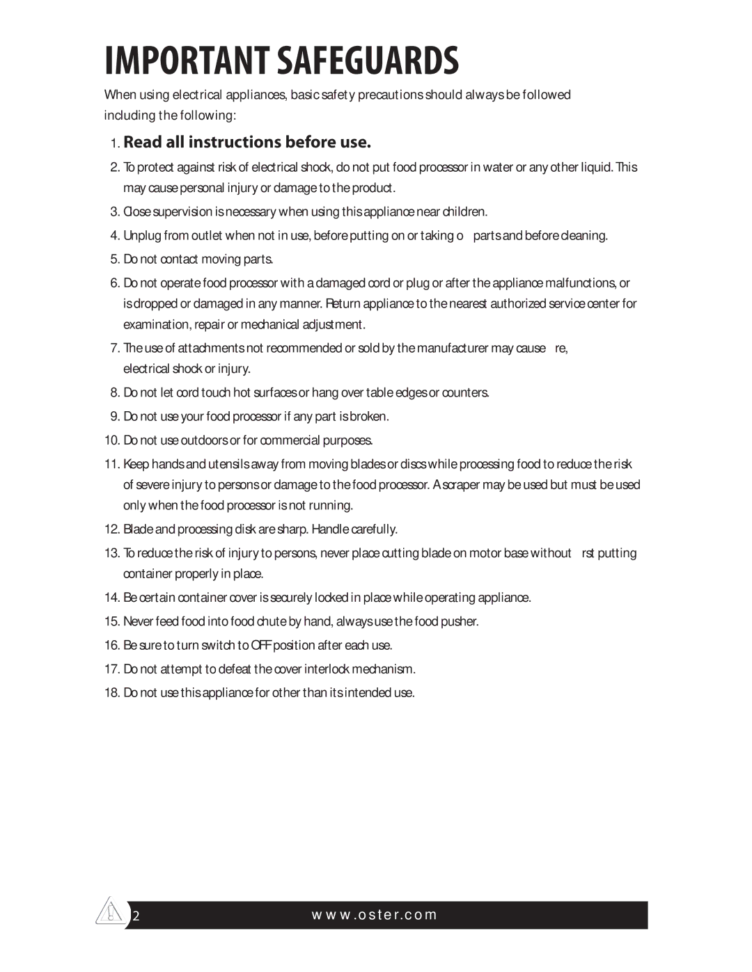 Oster 4 CUP MINI FOOD PROCESSOR, FPSTFP4010 manual Important Safeguards 