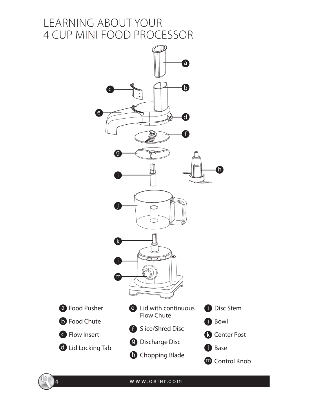 Oster 4 CUP MINI FOOD PROCESSOR, FPSTFP4010 manual Learning about Your CUP Mini Food Processor 