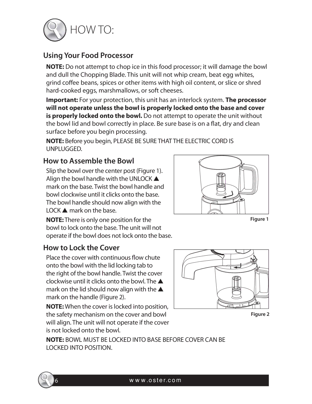 Oster 4 CUP MINI FOOD PROCESSOR, FPSTFP4010 Using Your Food Processor, How to Assemble the Bowl, How to Lock the Cover 