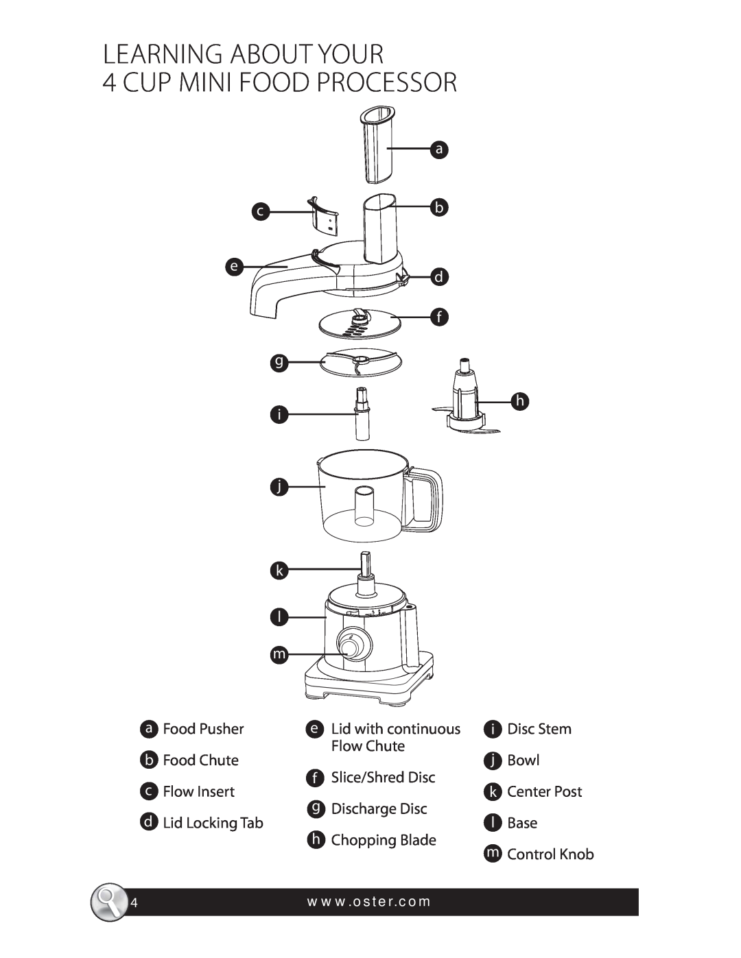 Oster FPSTFP4010 manual LEARNING ABOUT YOUR 4 CUP MINI FOOD PROCESSOR, c e g i j k l m, a b d f h 