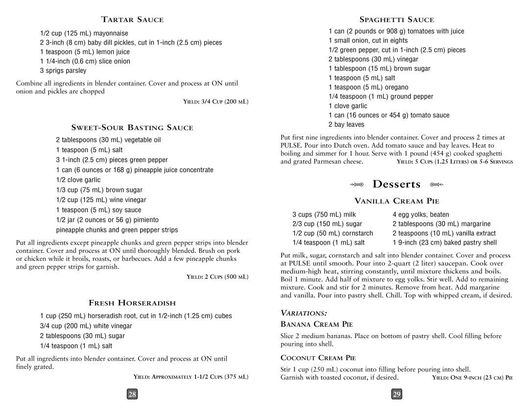 Oster 4096-009 Desserts, Cups 750 mL milk Egg yolks, beaten Cup 150 mL sugar, Cup 50 mL cornstarch, Teaspoon 1 mL salt 