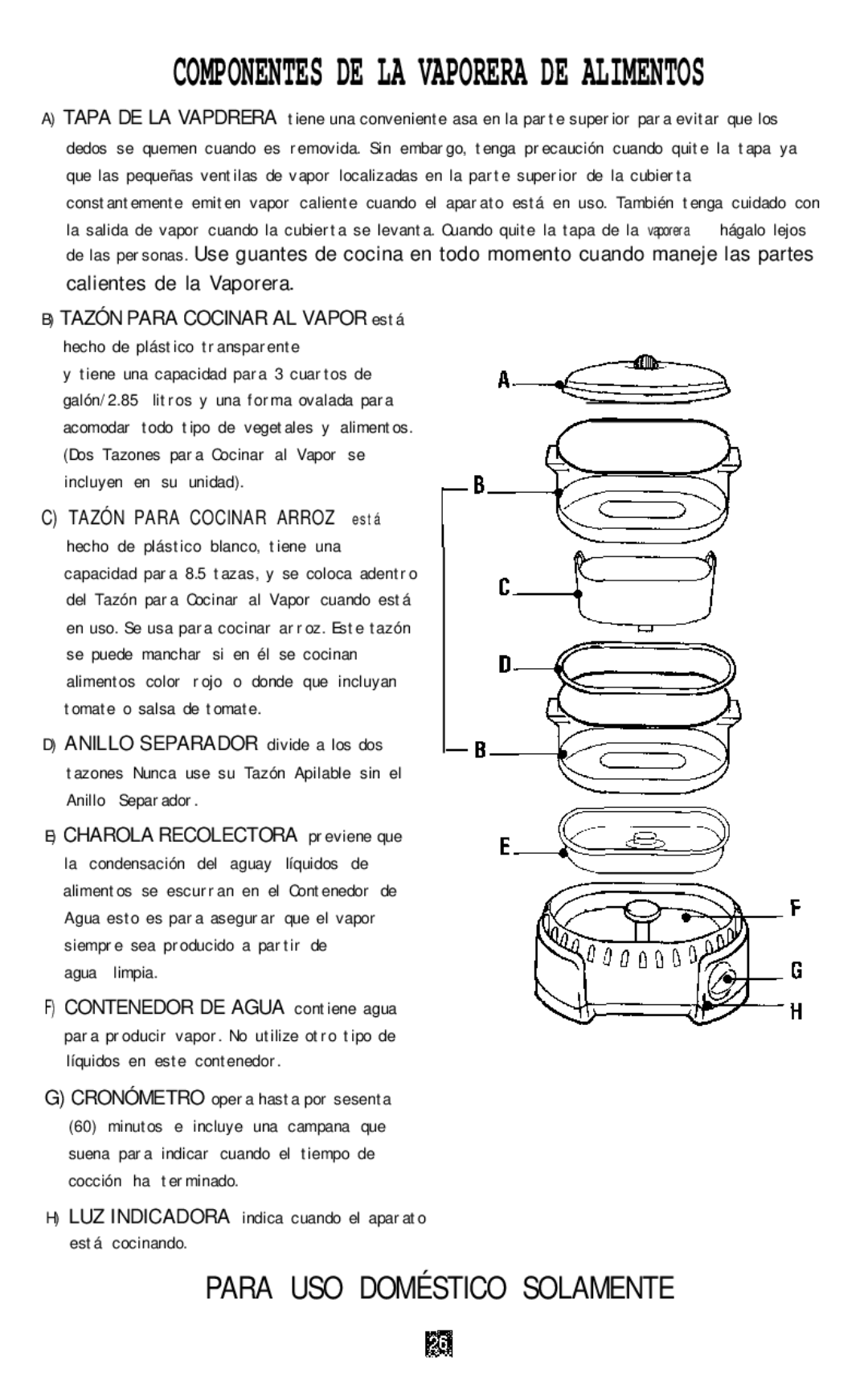 Oster 4711 manual Componentes DE LA Vaporera DE Alimentos, Tazón Para Cocinar AL Vapor está 